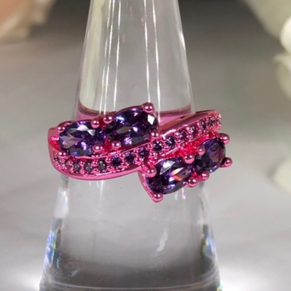 Pink Gold Color Ring With Simulated Purple Amethyst Size 7